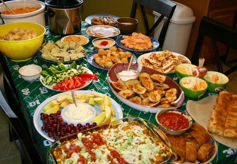 Football Buffet An array of traditional American football snacks and munchies.
